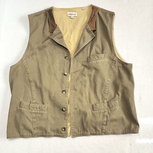Vintage London Fog Vest Tan Cotton With Leather Trim Adjustable Back